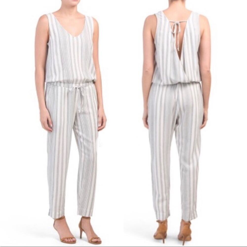 Anthropologie Cloth & Stone gray white striped linen blend jumpsuit size Medium